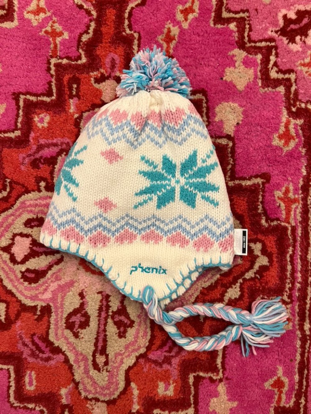 Phenix Pink Blue and White Winter Snowflake Design Knit Hat with Pom Pom